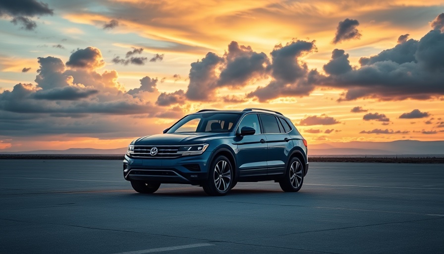 VW executives conviction and automotive industry transformation with VW SUV at sunset.