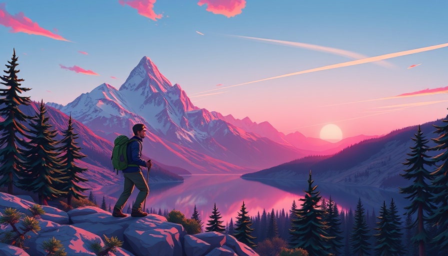 Vibrant cartoon mountain landscape for awe journal featuring a lone hiker.