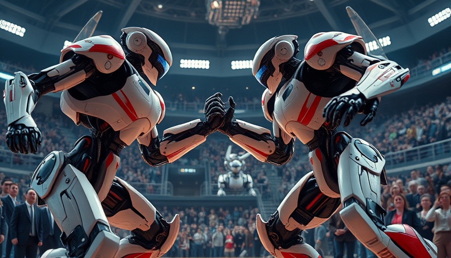 Humanoid robots fighting competition in arena with spectators, cinematic.