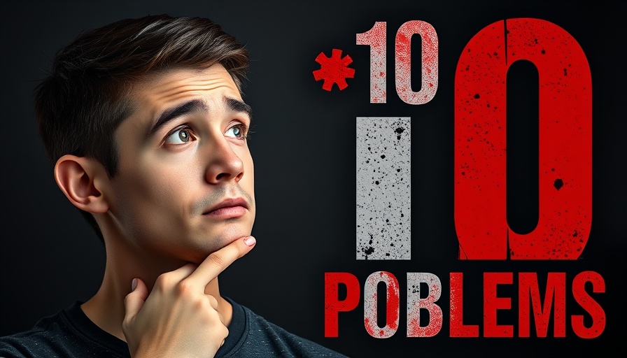 Contemplative young man with '10 Big Problems' text, problems with generative AI.