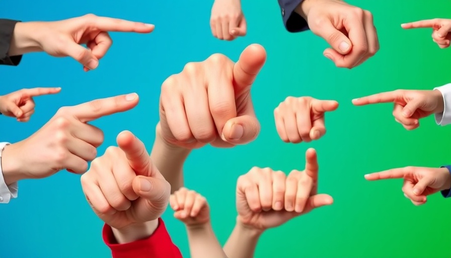 Collage of hands and fingers pointing, symbolizing AI agents legal accountability.