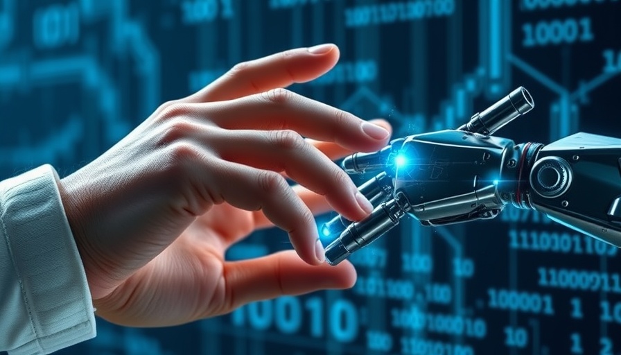AI Girlfriend Chatbots concept: human and robot hand interaction against digital backdrop.