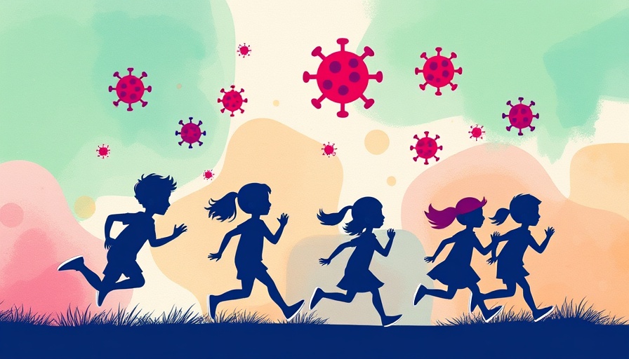 Colorful children's silhouettes with Covid symbols in abstract art.