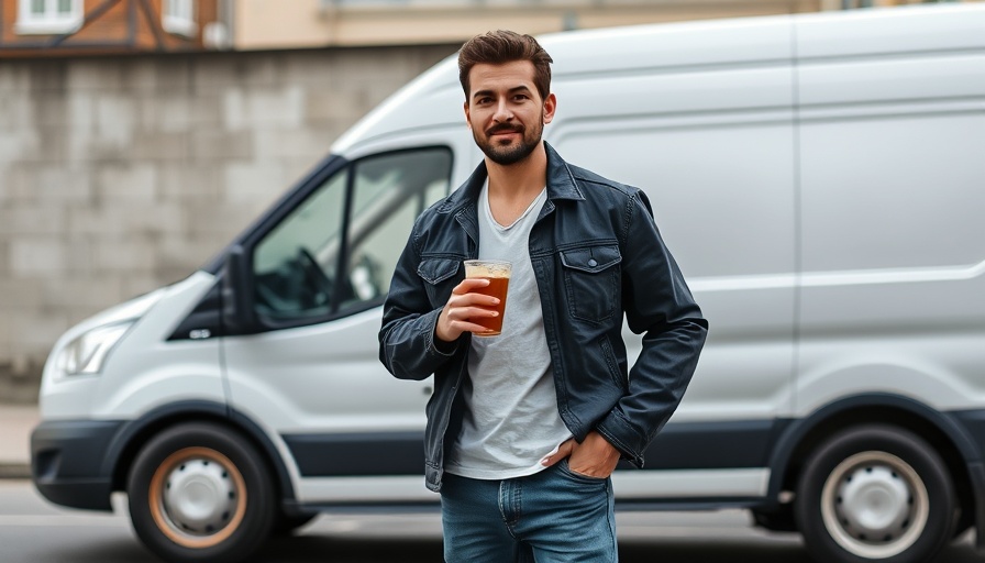 Confident man standing by van, discussing benefits of fitness.