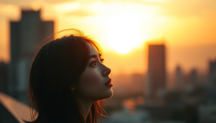Woman contemplating a sunset over a cityscape, evoking daily habits that waste time and energy.