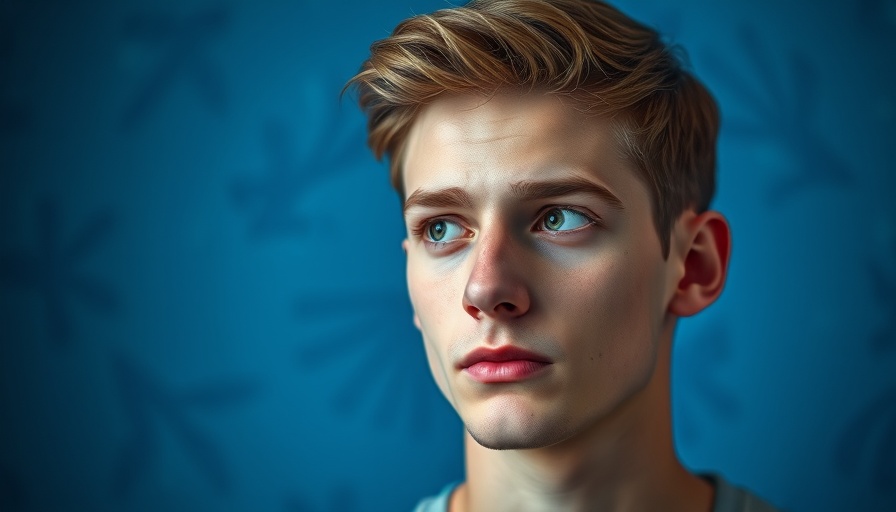 Young man in blue lighting, abstract background, Future Smartphone One App.