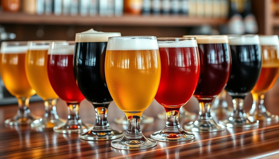 Close-up of assorted craft beer glasses on a wooden bar.
