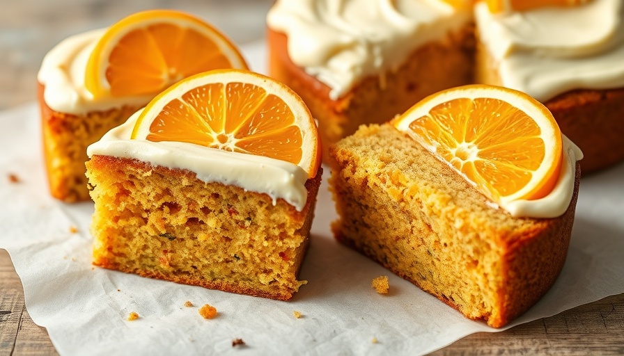 Orange zucchini cake recipe slices topped with orange pieces.