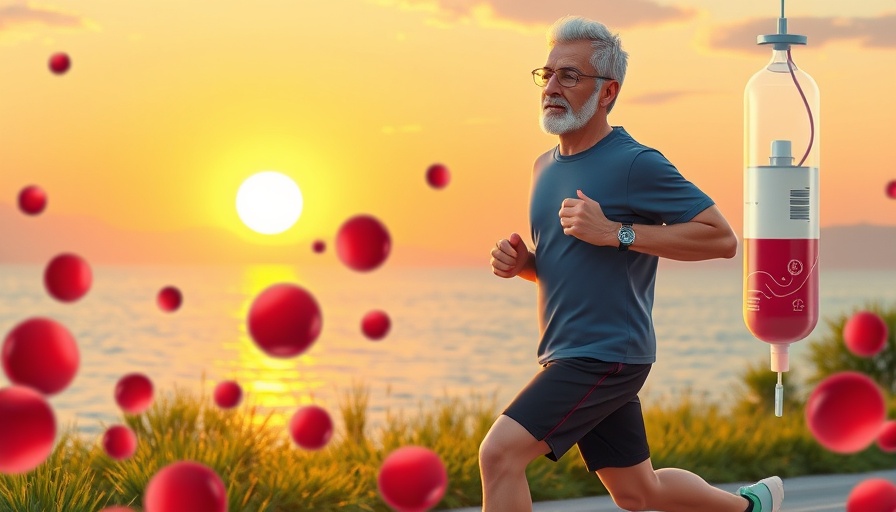Conceptual illustration of Plasma Exchange Therapy and Longevity with a man jogging.