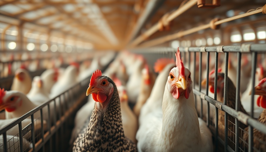 Chickens in cages at a poultry farm, bird flu vaccine cancellation context.