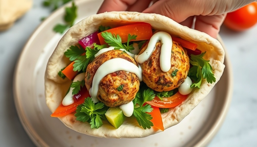 Herby chicken meatball pita with veggies and creamy dressing.