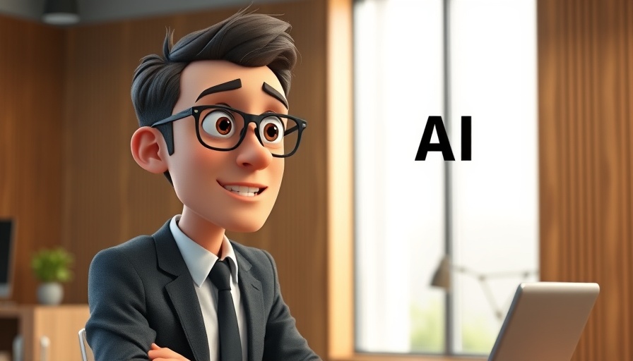 Animated businessman discussing AI technology in a modern office.