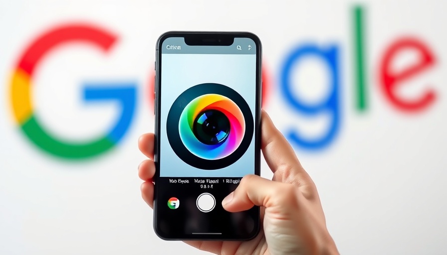 Hand holding smartphone with Google Lens, blurred Google logo.