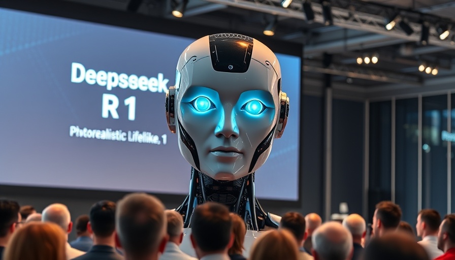 Deepseek R1 AI showcased on a futuristic conference screen.