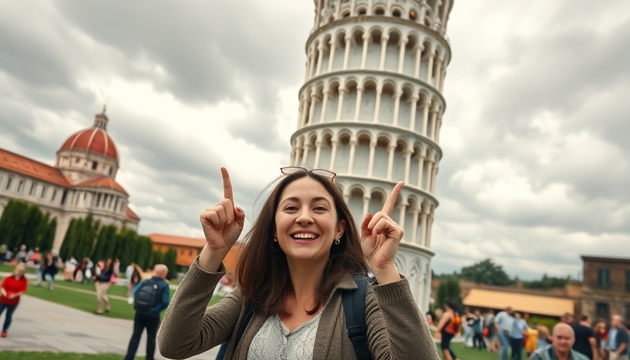 Woman enjoying a fun moment at the Leaning Tower of Pisa.