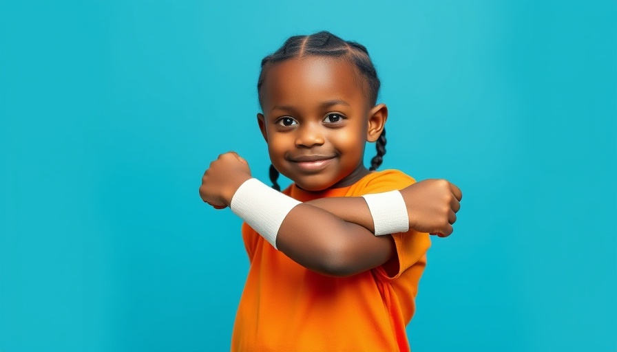Child flexing arm with bandage, symbolizing strength post COVID-19 vaccination.