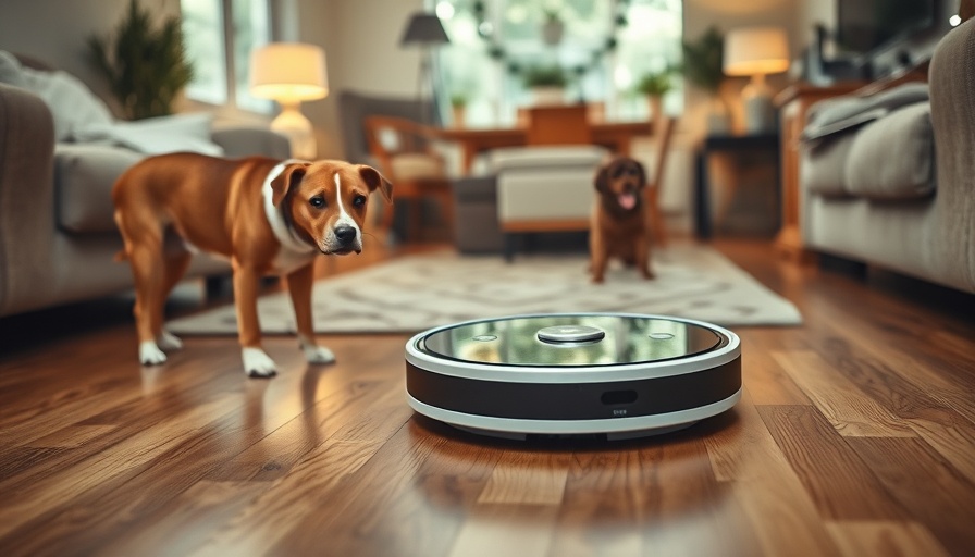 Modern robot vacuum with a dog in a cozy living room. Best robot vacuums for pet hair 2025.