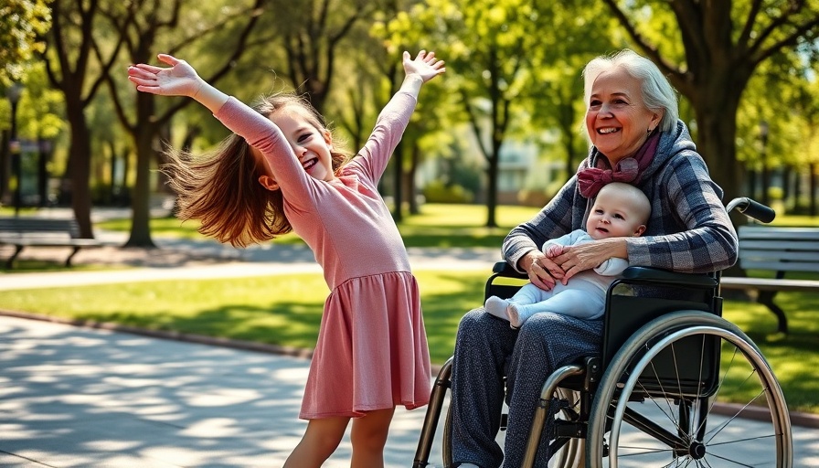 Young girl stretching next to mother holding baby in a sunny park