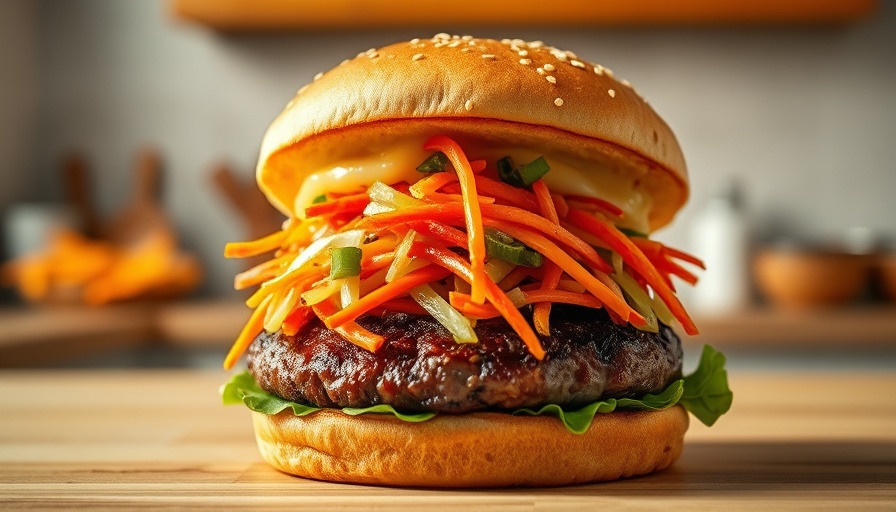 Vibrant burger with colorful slaw on sesame bun for Seasonal Recipes to Cook in June.