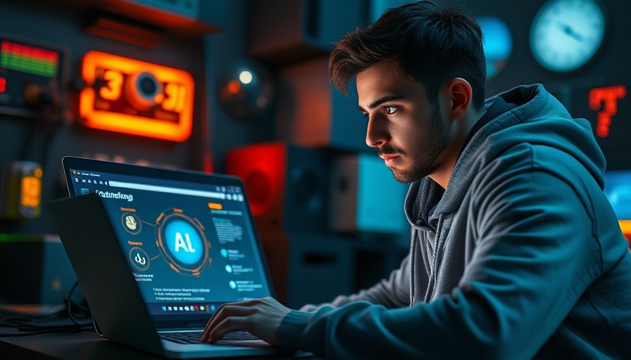 Focused young man with laptop showing AI response in tech room.