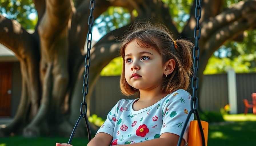 Pensive young girl on swing under tree in sunny backyard.