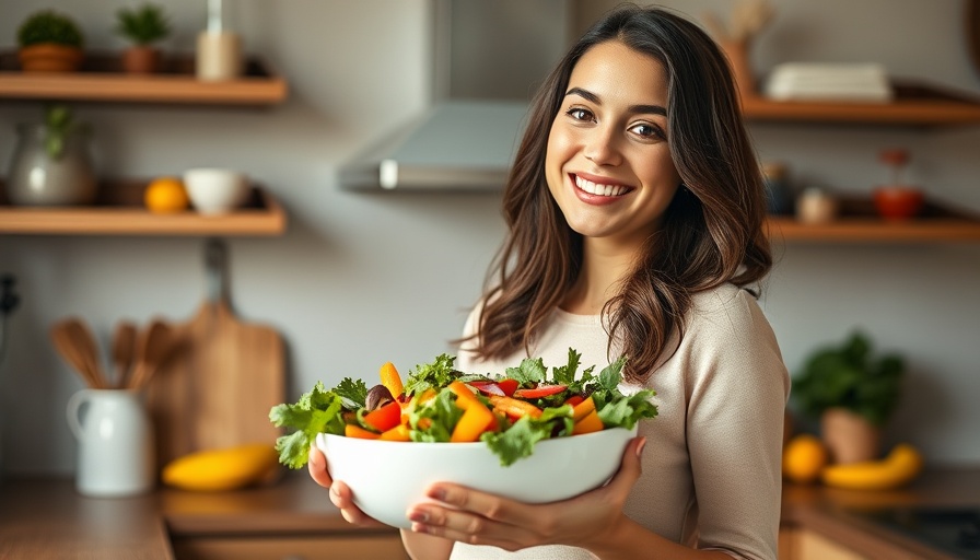Smiling woman with a fresh salad promoting high volume low calorie recipes.