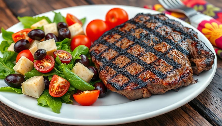 Steak with easy marinade next to Mediterranean salad on plate.