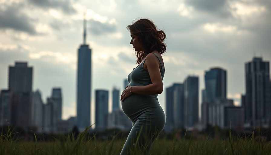 Pregnant woman silhouette cityscape highlights air pollution pregnancy risks.