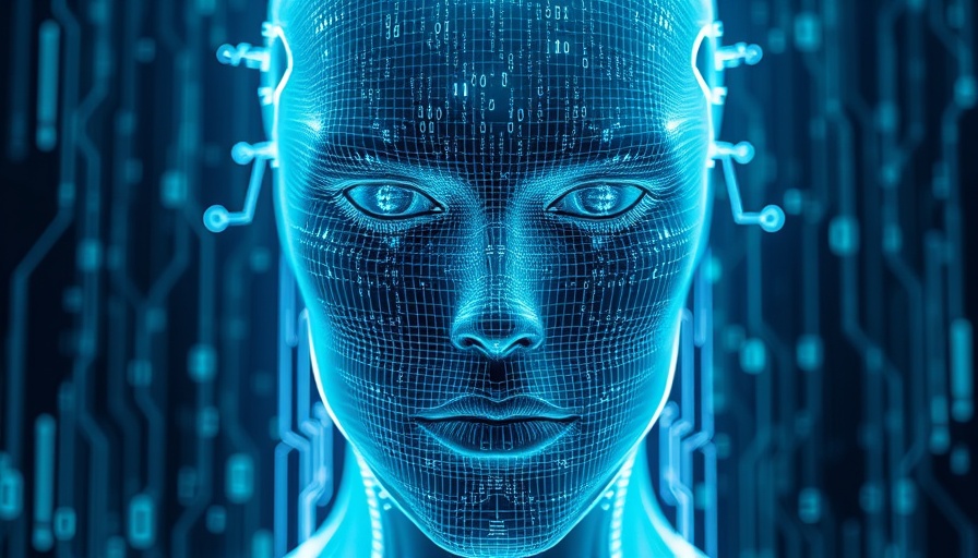 Digital humanoid with code overlay in a futuristic AI setting