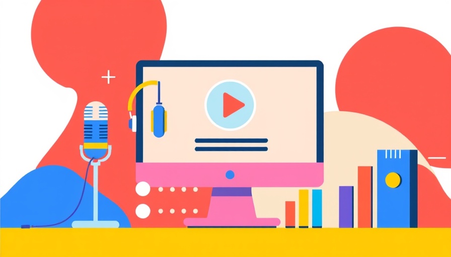 Illustration of podcast elements with microphones and headphones.
