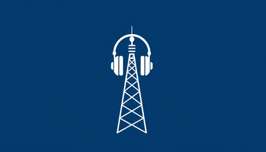 Minimalistic blue illustration of headphones around a radio tower.