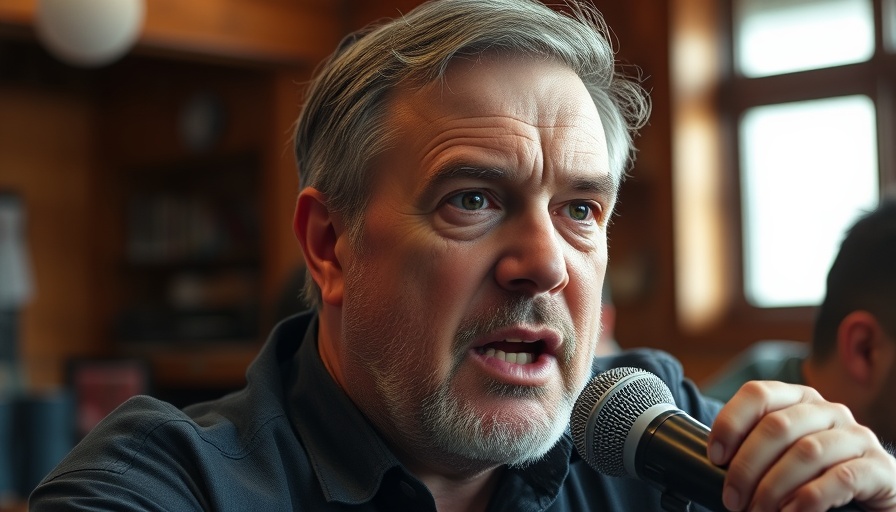 Middle-aged man actively engaging in AI communication with microphone.