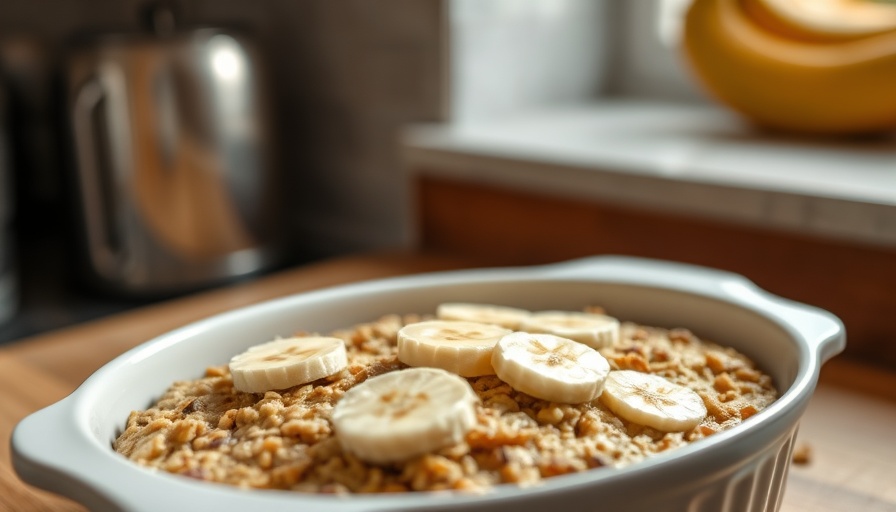 Baked banana zucchini oatmeal topped with banana slices.