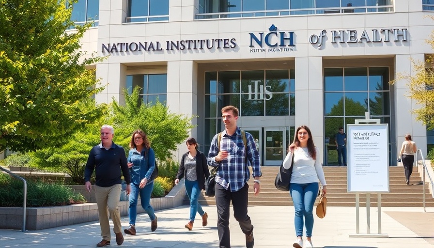 People walking outside NIH building with clear skies.
