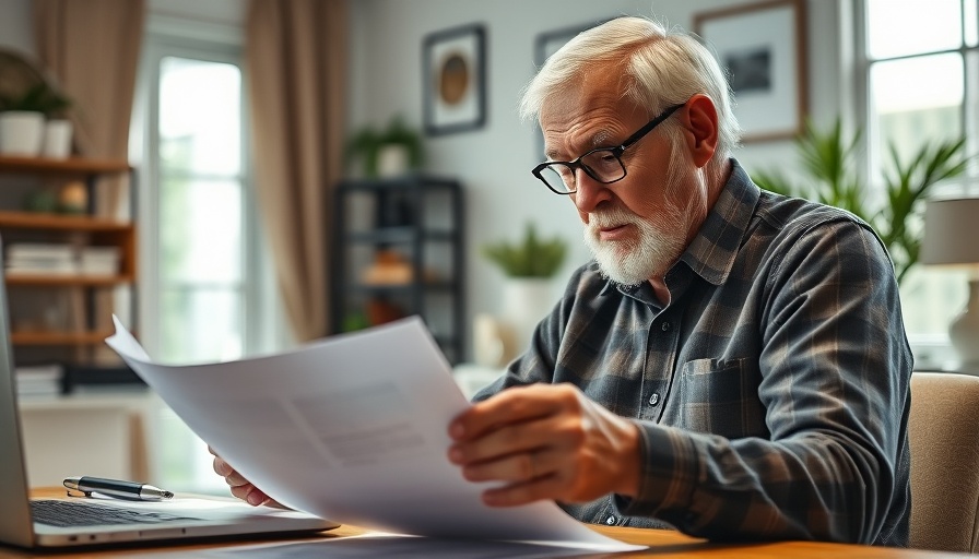 Elderly man reviews stock market strategies, focused in home office.