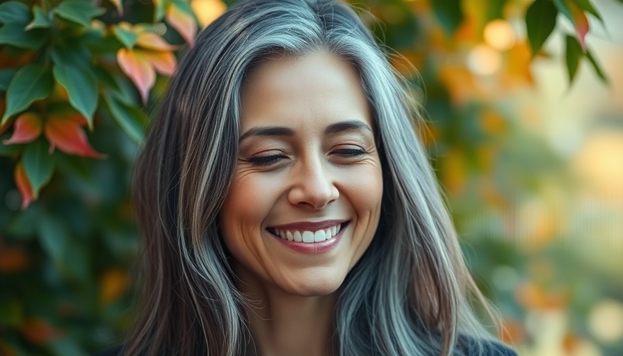 Smiling woman in meditation-themed design, nature background.