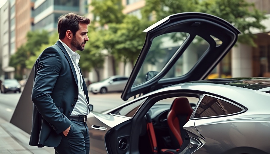 Man conversing near sports car on city street, AI in Decision Making theme.