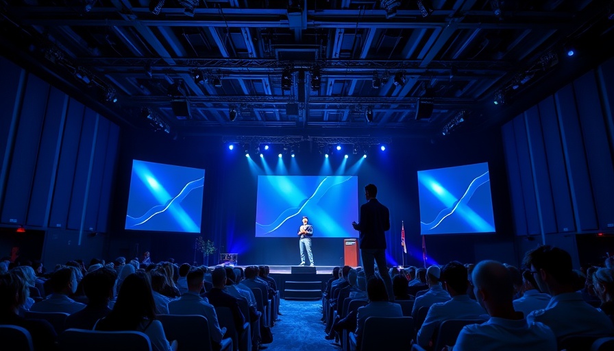 Helios AI Rack presentation at a conference with vibrant lights.