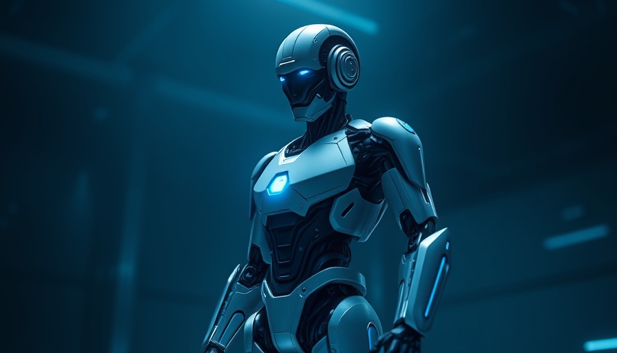 Futuristic robot with laser beam in dark sci-fi setting.