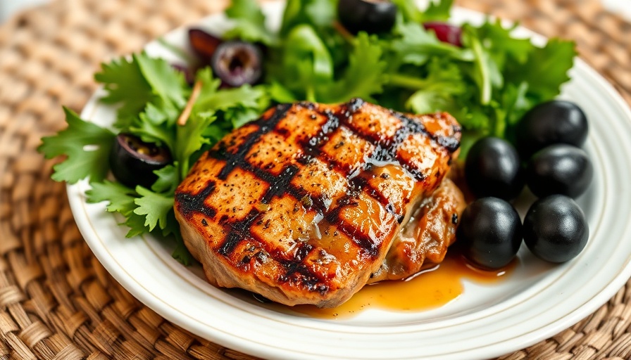Grilled ginger-soy pork chop with salad on a plate.