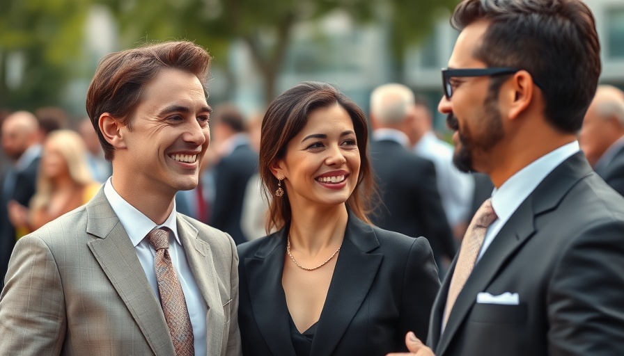 Elegant individuals in formal attire, rich discussion outdoors.