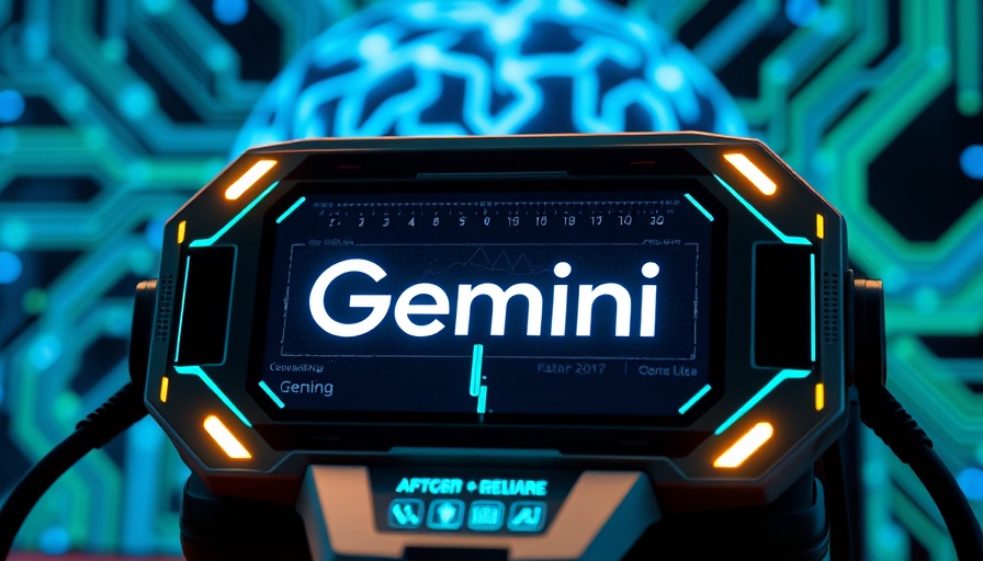 Gemini logo on device with digital brain background.
