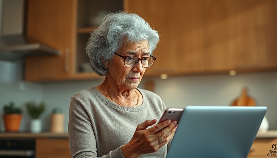 Concerned older woman using phone while viewing laptop on online scams techniques.