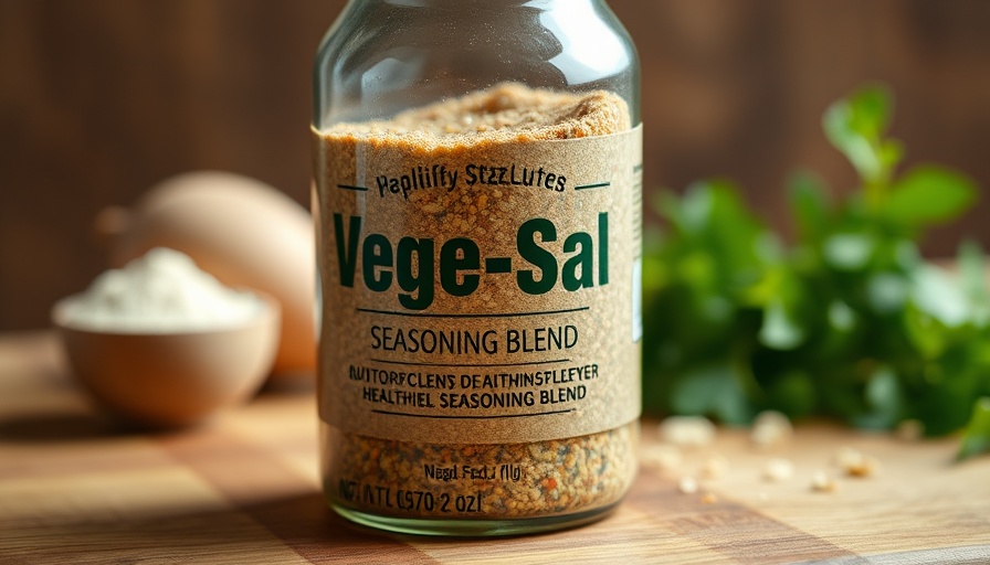 Healthier seasoning blend Vege-Sal on wooden board, close-up.