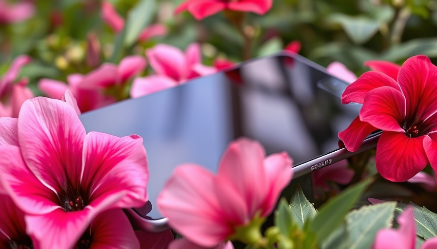 Samsung Galaxy Tab S10 FE+ tablet next to flowers.
