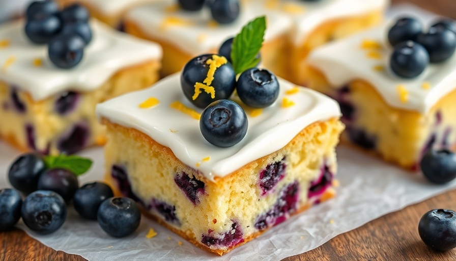 Blueberry lemon cake squares with frosting and berries, top view.
