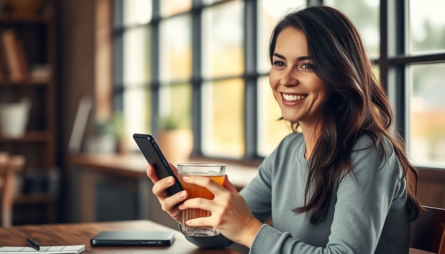Woman learning Spanish for fitness on her phone, cozy indoor setting.