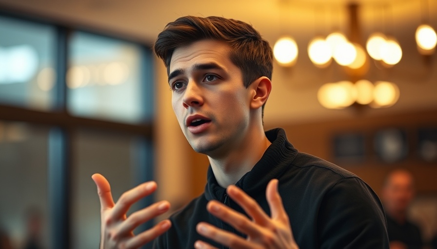 Young man speaking indoors, engaged expression, warm lighting.