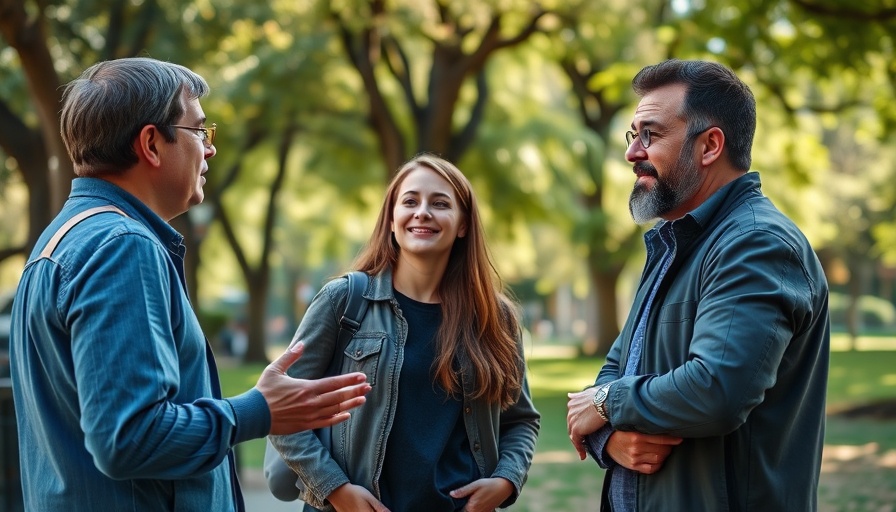 Casual group interaction outdoors discussing embracing AI