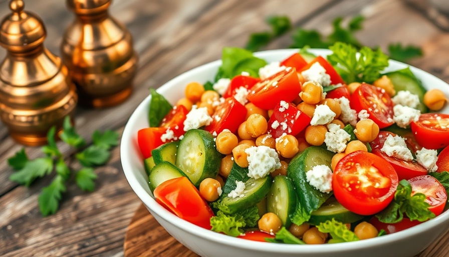 Tomato cucumber chickpea salad in a white bowl on a rustic table.